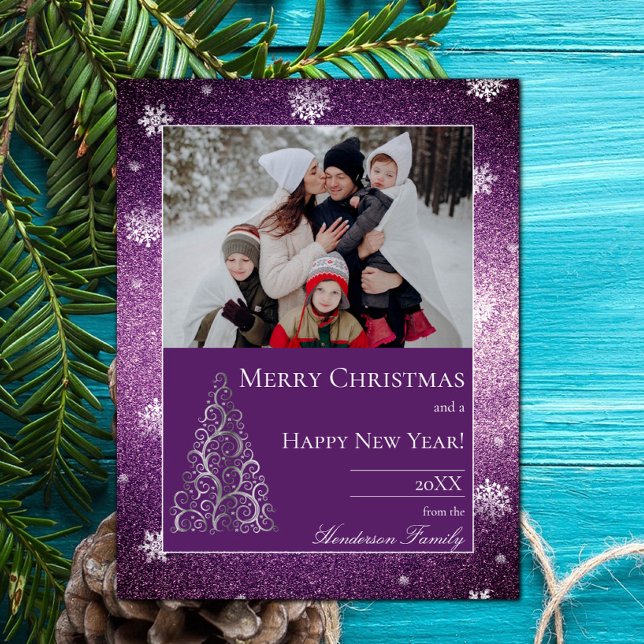 Christmas Tree Glitter and Snowflakes | Magenta Holiday Card (Christmas Tree Glitter and Snowflakes Holiday Photo Card - Magenta)