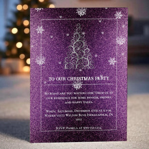 Christmas Tree Glitter and Snowflakes   Magenta Invitation