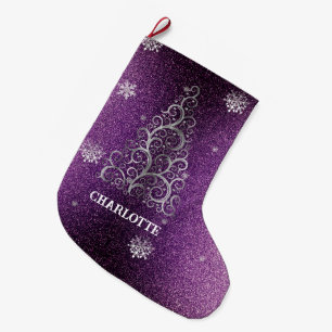 Christmas Tree Glitter and Snowflakes   Magenta Large Christmas Stocking