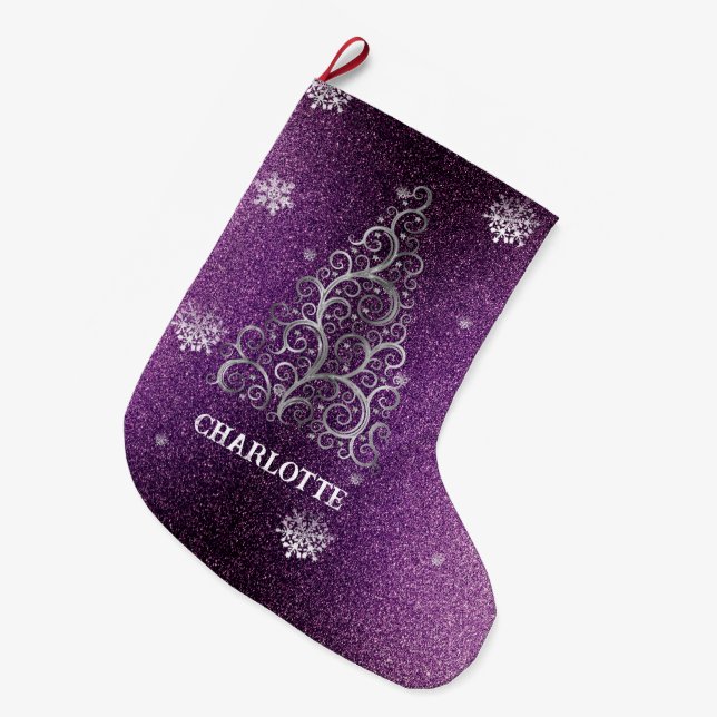 Christmas Tree Glitter and Snowflakes | Magenta Large Christmas Stocking (Front (Hanging))