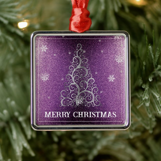 Christmas Tree Glitter and Snowflakes | Magenta Metal Ornament (Tree)
