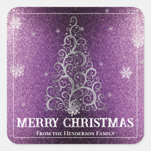 Christmas Tree Glitter and Snowflakes   Magenta Square Sticker