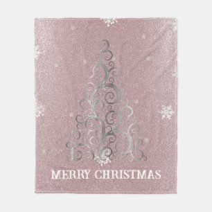 Christmas Tree Glitter and Snowflakes   Pink Fleece Blanket