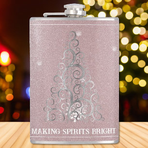 Christmas Tree Glitter and Snowflakes   Pink Hip Flask