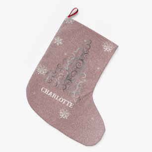 Christmas Tree Glitter and Snowflakes   Pink Large Christmas Stocking