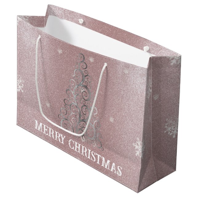 Christmas Tree Glitter and Snowflakes | Pink Large Gift Bag (Front Angled)