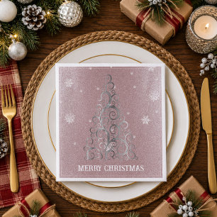 Christmas Tree Glitter and Snowflakes Pink Napkin