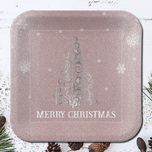 Christmas Tree Glitter and Snowflakes   Pink Paper Plate