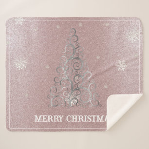 Christmas Tree Glitter and Snowflakes   Pink Sherpa Blanket