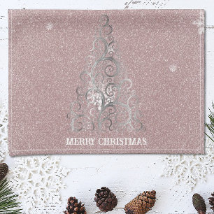 Christmas Tree Glitter and Snowflakes   Pink Tea Towel