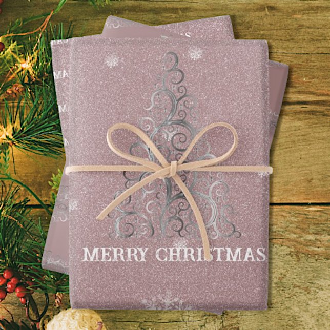 Christmas Tree Glitter and Snowflakes | Pink Wrapping Paper Sheet (Creator Uploaded)