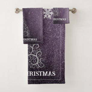 Christmas Tree Glitter and Snowflakes   Purple Bath Towel Set