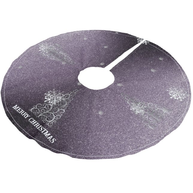 Christmas Tree Glitter and Snowflakes | Purple Brushed Polyester Tree Skirt (Angled)