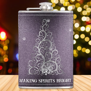 Christmas Tree Glitter and Snowflakes   Purple Hip Flask