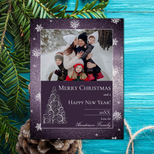 Christmas Tree Glitter and Snowflakes   Purple Holiday Card