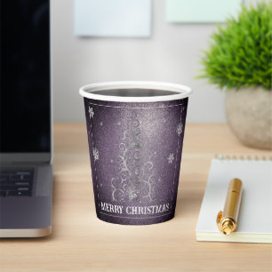 Christmas Tree Glitter and Snowflakes Purple Paper Cups