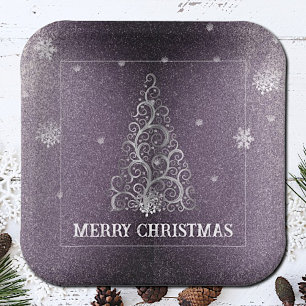 Christmas Tree Glitter and Snowflakes   Purple Paper Plate