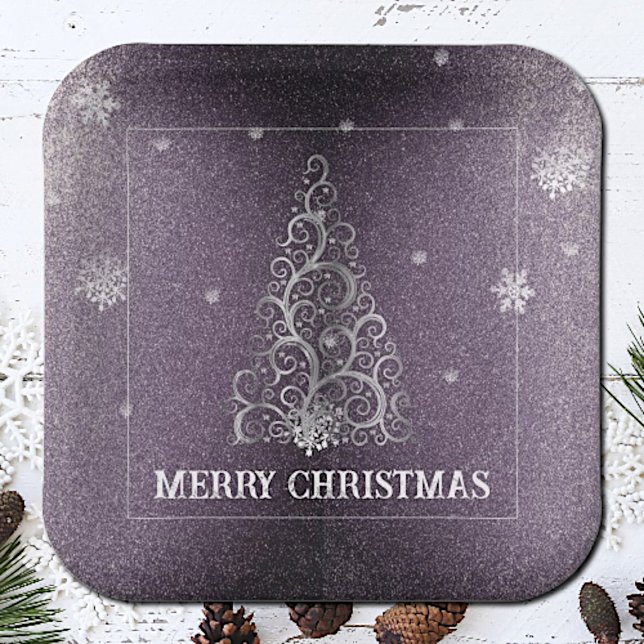 Christmas Tree Glitter and Snowflakes | Purple Paper Plate (Purple Christmas Tree Glitter and Snowflakes Paper Plates)