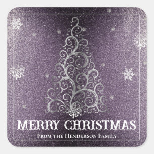 Christmas Tree Glitter and Snowflakes   Purple Square Sticker