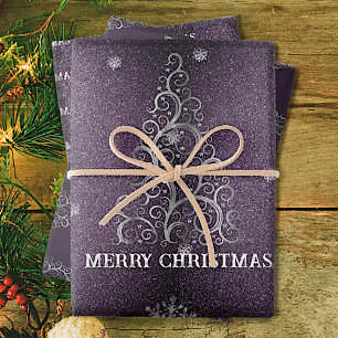 Christmas Tree Glitter and Snowflakes Purple Wrapping Paper Sheet