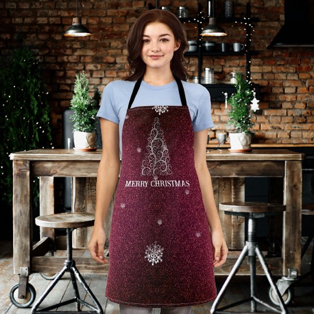 Christmas Tree Glitter and Snowflakes | Red Apron (Red Christmas Tree Glitter and Snowflakes Apron)