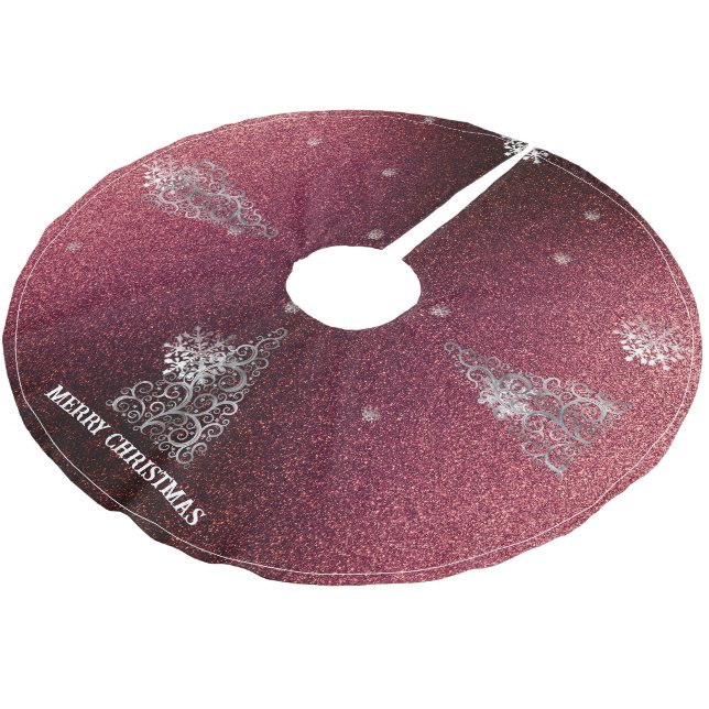 Christmas Tree Glitter and Snowflakes | Red Brushed Polyester Tree Skirt (Angled)