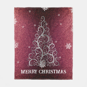 Christmas Tree Glitter and Snowflakes Red Fleece Blanket