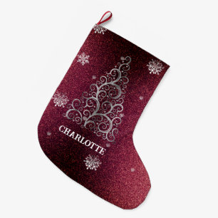 Christmas Tree Glitter and Snowflakes   Red Large Christmas Stocking