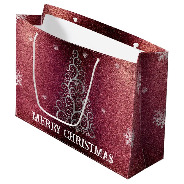 Christmas Tree Glitter and Snowflakes | Red Large Gift Bag (Front Angled)
