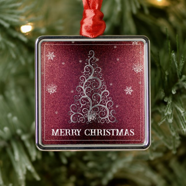 Christmas Tree Glitter and Snowflakes | Red Metal Ornament (Tree)
