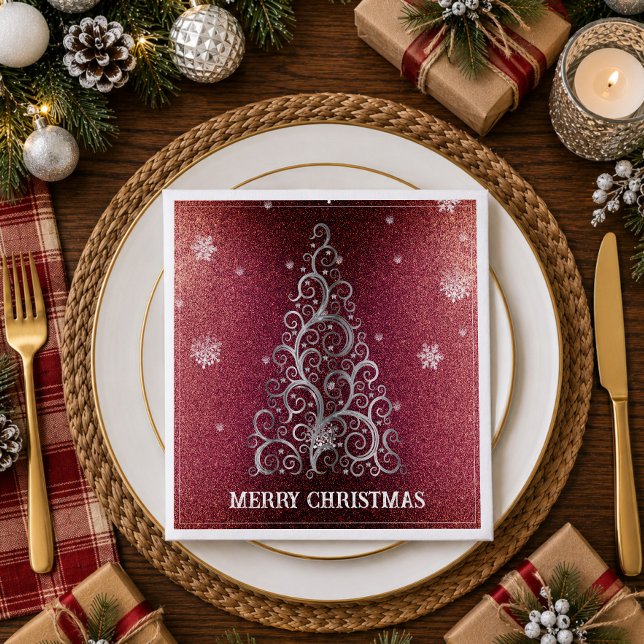Christmas Tree Glitter and Snowflakes | Red Napkin (Red Christmas Tree Glitter and Snowflakes Napkins)