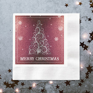 Christmas Tree Glitter and Snowflakes   Red Napkin