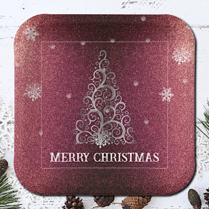 Christmas Tree Glitter and Snowflakes Red Paper Plate