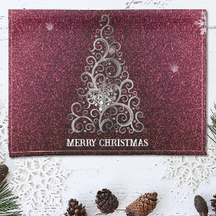 Christmas Tree Glitter and Snowflakes Red Tea Towel