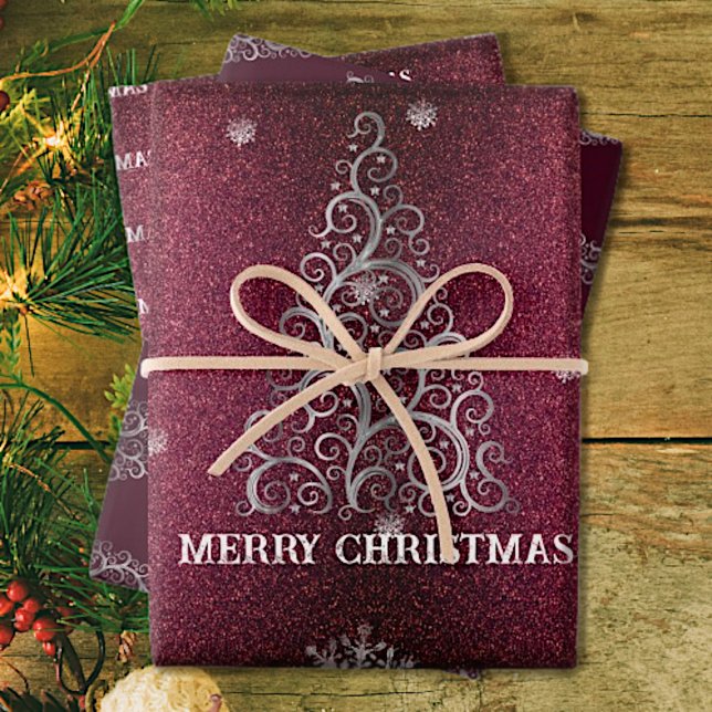 Christmas Tree Glitter and Snowflakes | Red Wrapping Paper Sheet (Red Christmas Tree Glitter and Snowflakes Wrapping Paper Sheets)