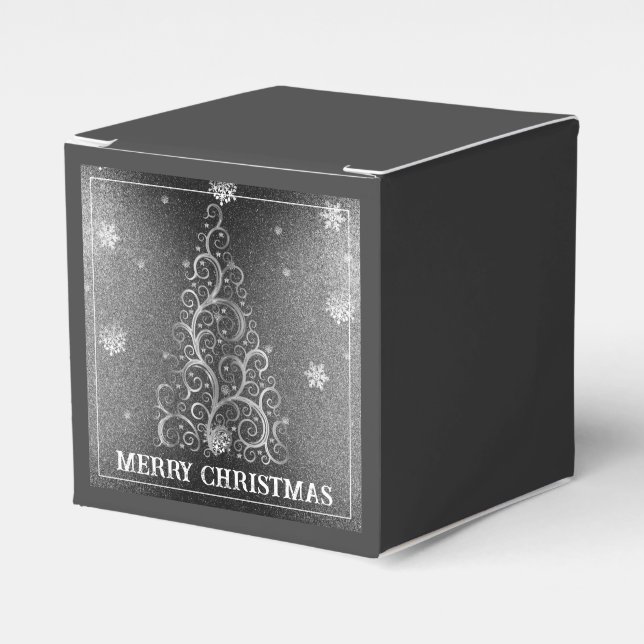 Christmas Tree Glitter and Snowflakes | Silver Favour Box (Front Side)