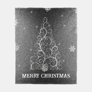 Christmas Tree Glitter and Snowflakes   Silver Fleece Blanket