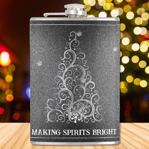 Christmas Tree Glitter and Snowflakes   Silver Hip Flask