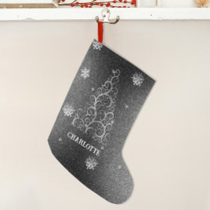 Christmas Tree Glitter and Snowflakes   Silver Large Christmas Stocking