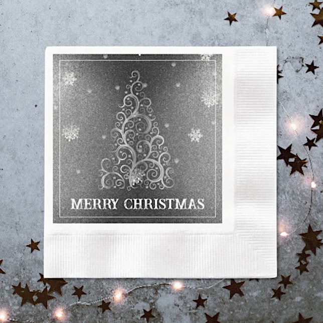 Christmas Tree Glitter and Snowflakes | Silver Napkin (Silver Christmas Tree Glitter and Snowflakes Napkins)