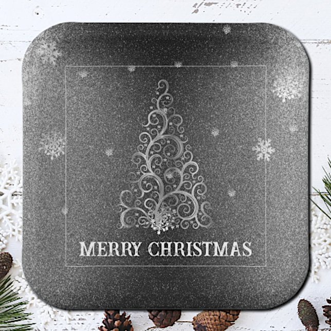 Christmas Tree Glitter and Snowflakes | Silver Paper Plate (Silver Christmas Tree Glitter and Snowflakes Paper Plates)