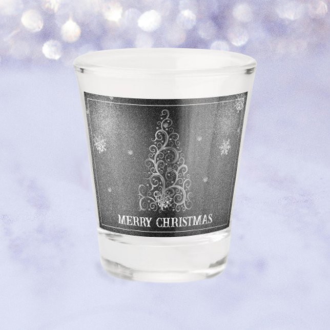 Christmas Tree Glitter and Snowflakes | Silver Shot Glass (Silver Christmas Tree Glitter and Snowflakes Shot Glass)