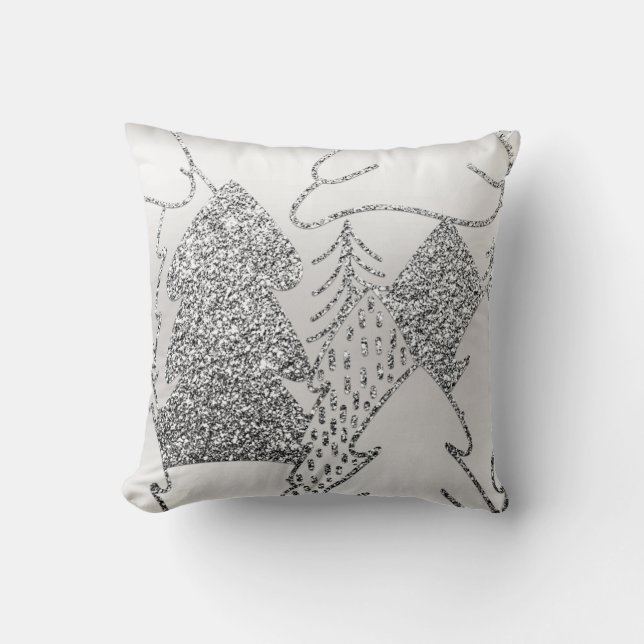 Christmas Tree Glitter Grey Metallic Silver Wood Cushion (Front)