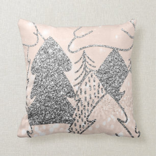 Christmas Tree Glitter Silver Grey Winter Peach Cushion