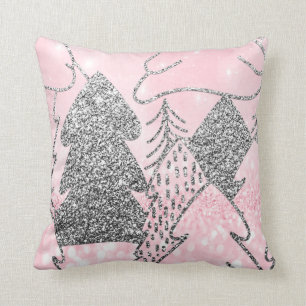 Christmas Tree Glitter Silver Grey Winter Pink Cushion
