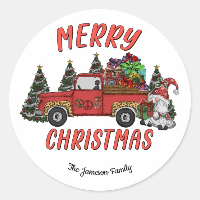 Christmas Tree Gnome Truck  Classic Round Sticker (Front)