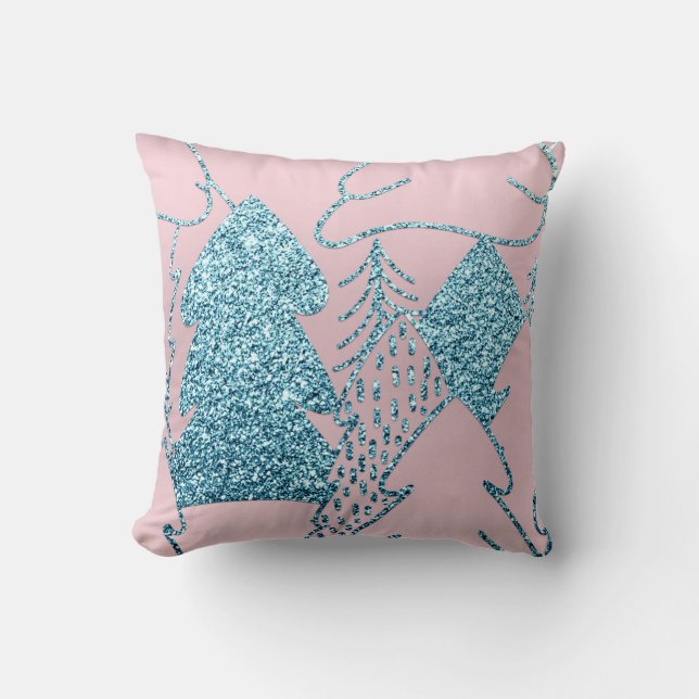 Christmas Tree Gold Blue Glitter Prism Pink Ocean Cushion (Front)
