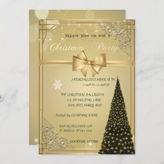 Christmas Tree, Gold Bow,CorporateChristmas Party Invitation (Front/Back)