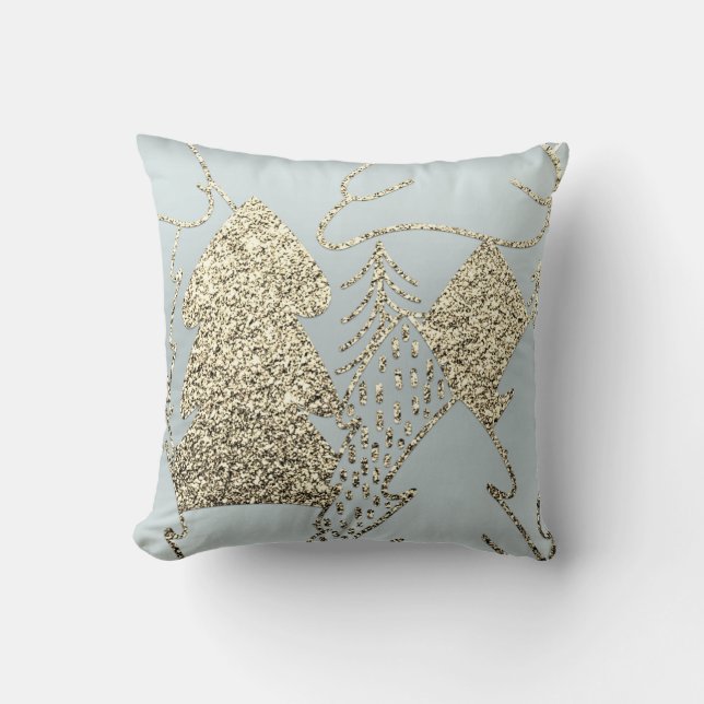 Christmas Tree Gold Champagne Glitter Grey Blue Cushion (Front)