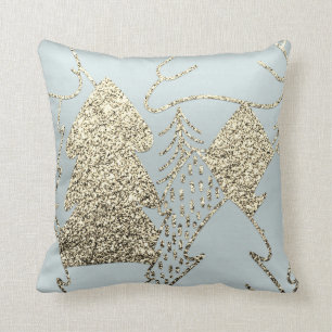 Christmas Tree Gold Champagne Glitter Grey Blue Cushion